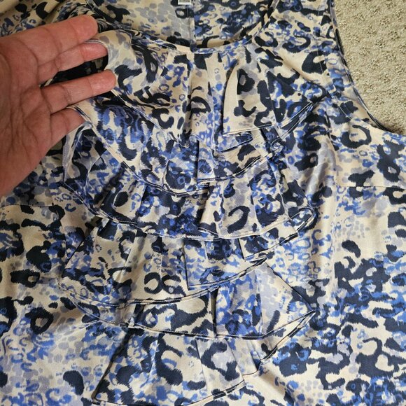 CAbi 100% Silk Top Women's SZ Medium Ruffles Tan/Blue Animal Print Office Party - Picture 4 of 8